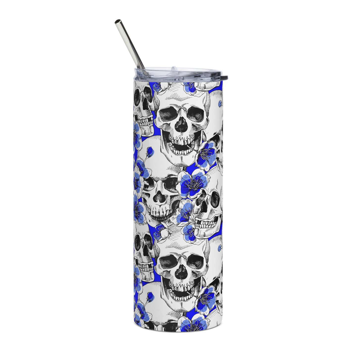 Blue Skulls and Roses Stainless Steel Tumbler