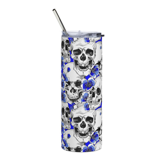 Blue Skulls and Roses Stainless Steel Tumbler