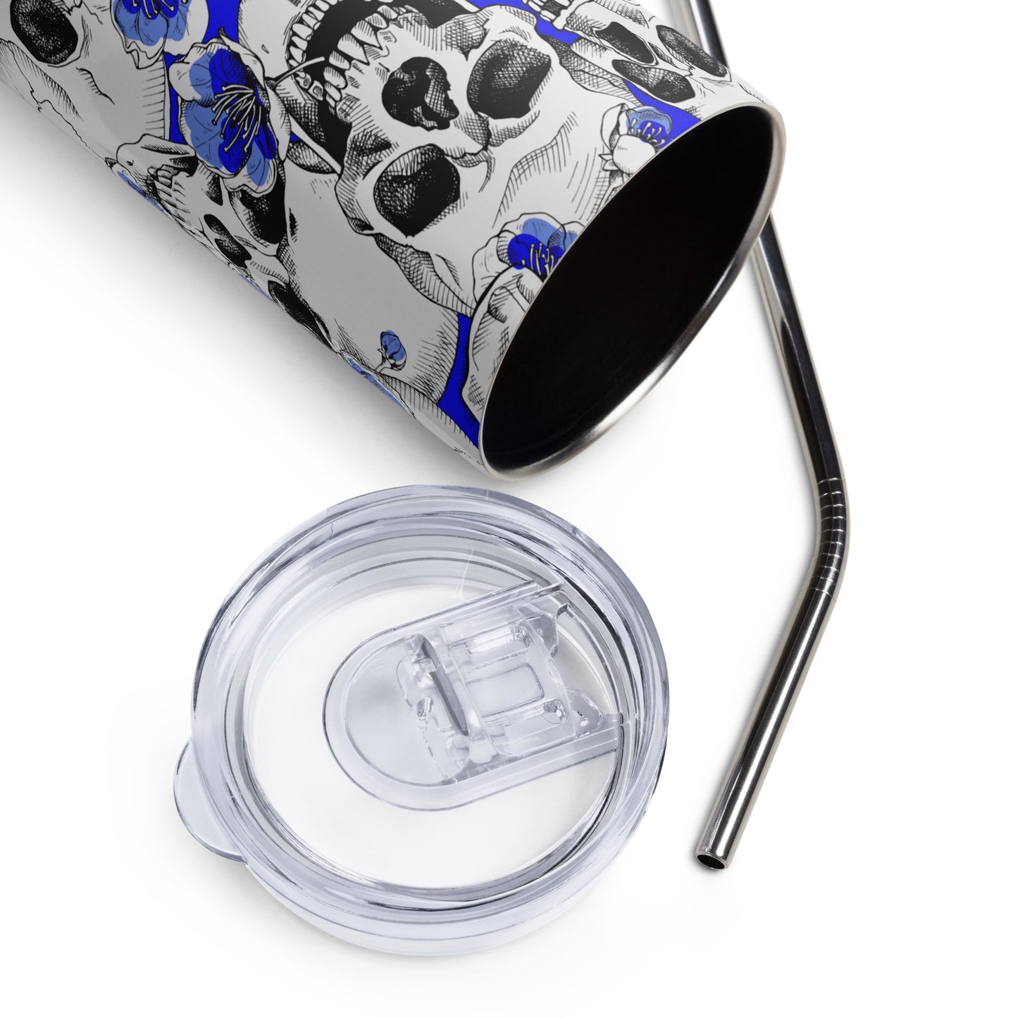 Blue Skulls and Roses Stainless Steel Tumbler