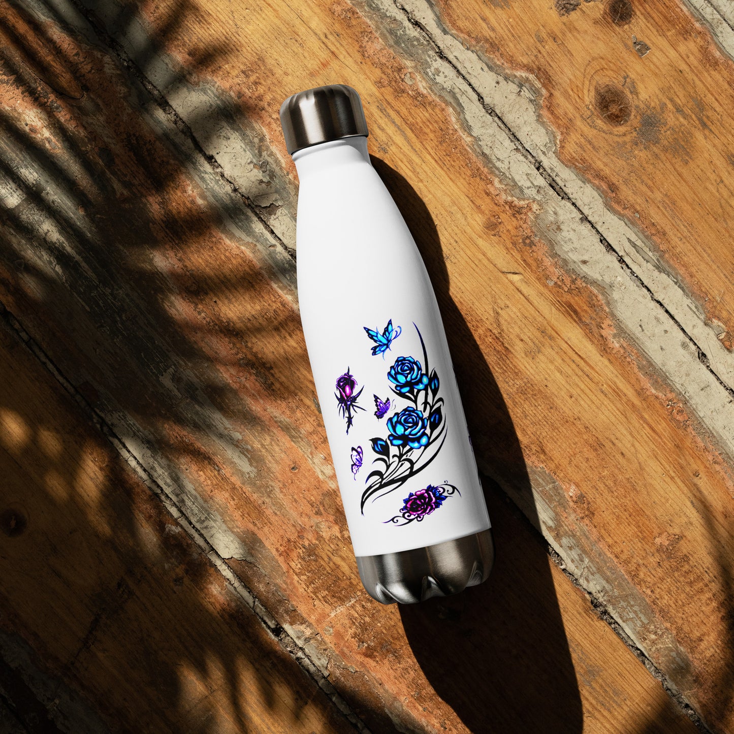 Pretty Butterfly and Flowers Printed Stainless Steel Water Bottle